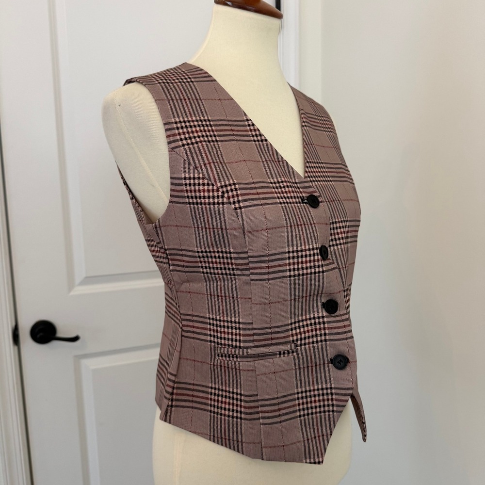 Plaid V Neck Sleeveless Vest Blazer Tailored Fit Women's Size S Academia - Picture 4 of 8